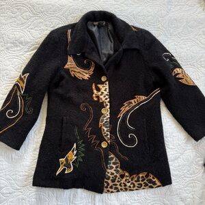 Y2K Vtg Alex Kim Black‎ Boucle Embroidery Abstract Autumn Patchwork Coat Lrg EUC